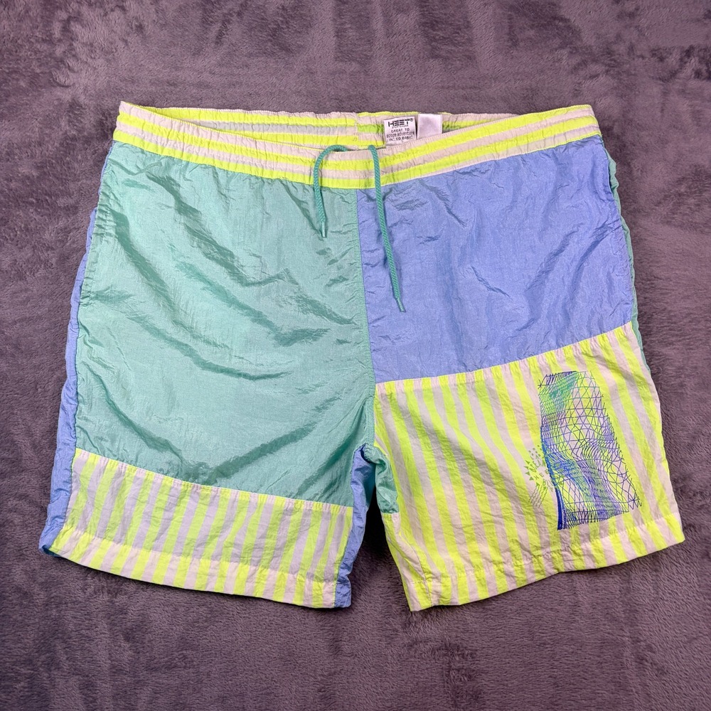 Vintage 90s Heet Sportswear Swim Trunks Men's L Colorblock Striped Neon Retro